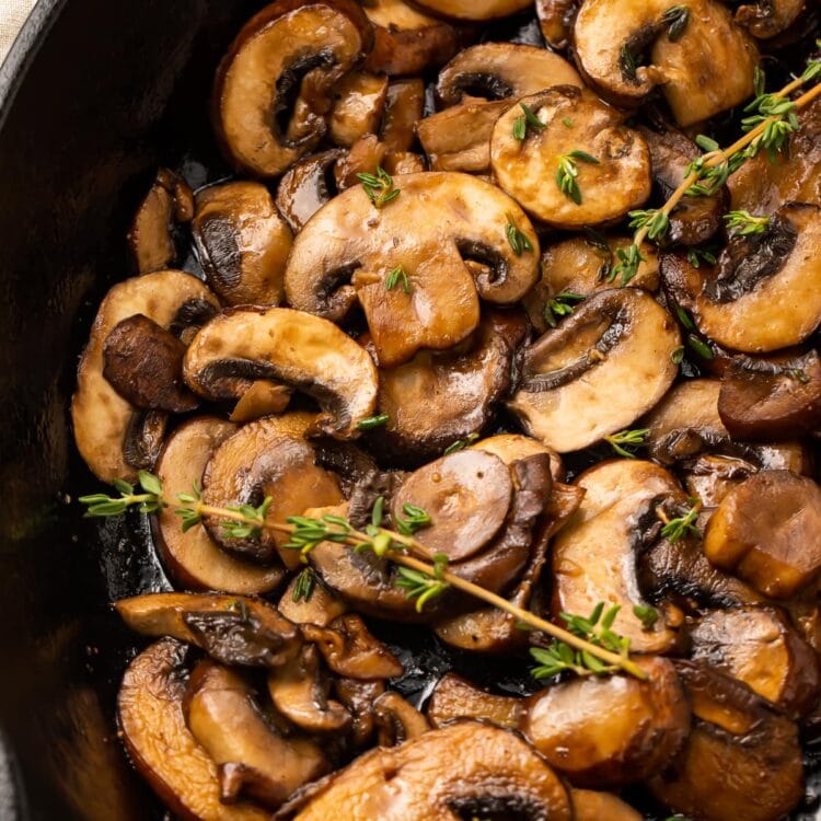 Sauteed mushrooms in a cast iron skillet