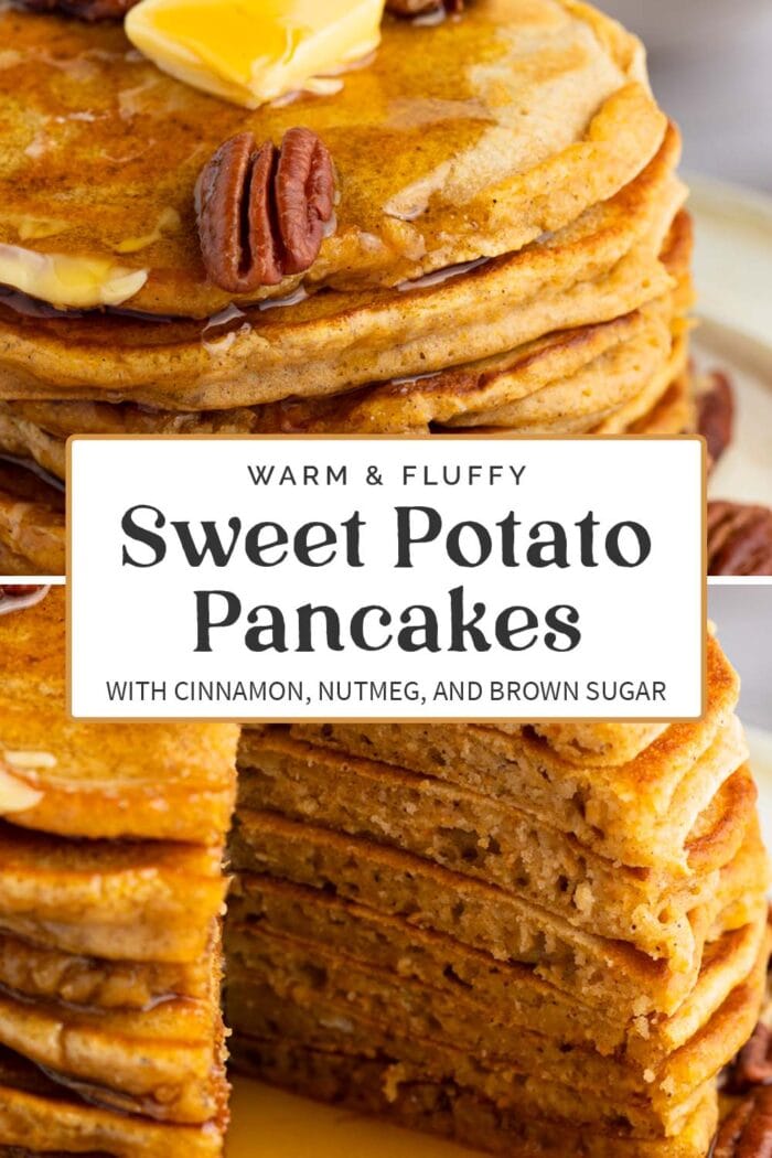 Pin graphic for sweet potato pancakes