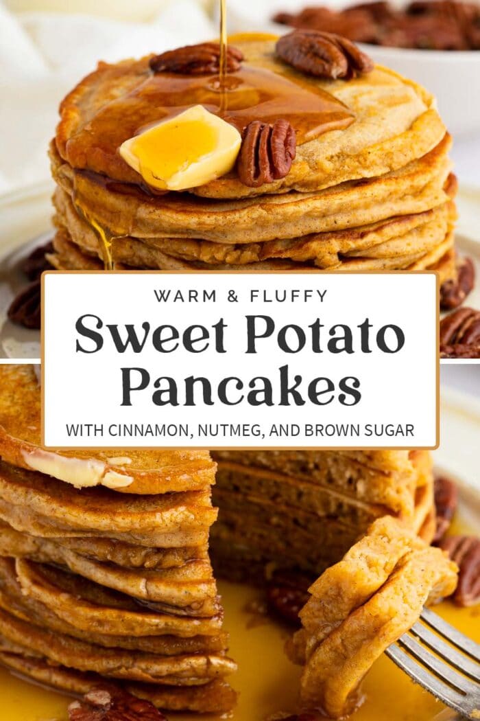 Pin graphic for sweet potato pancakes