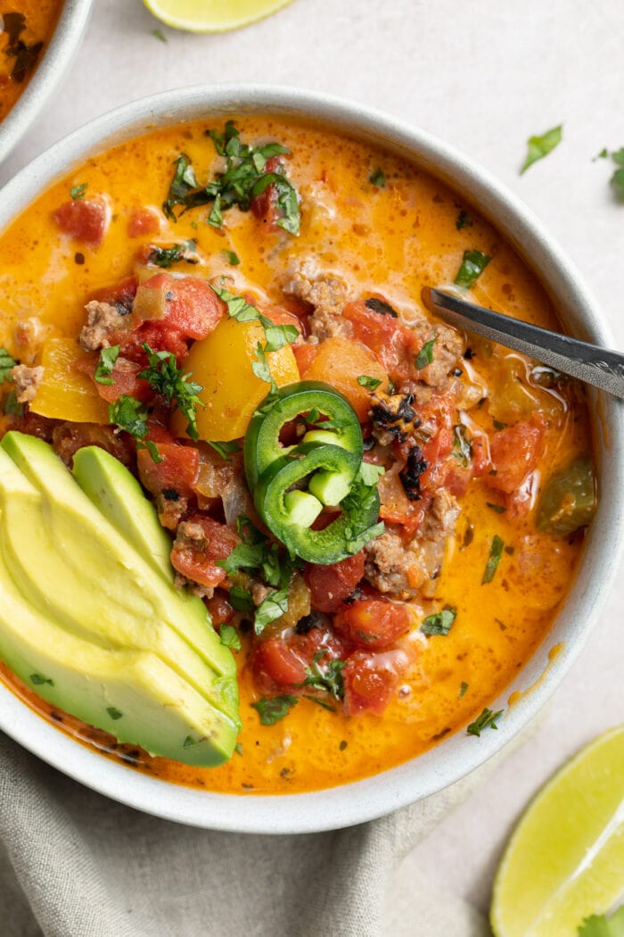 close up overhead image of whole30 creamy taco soup in a bowl