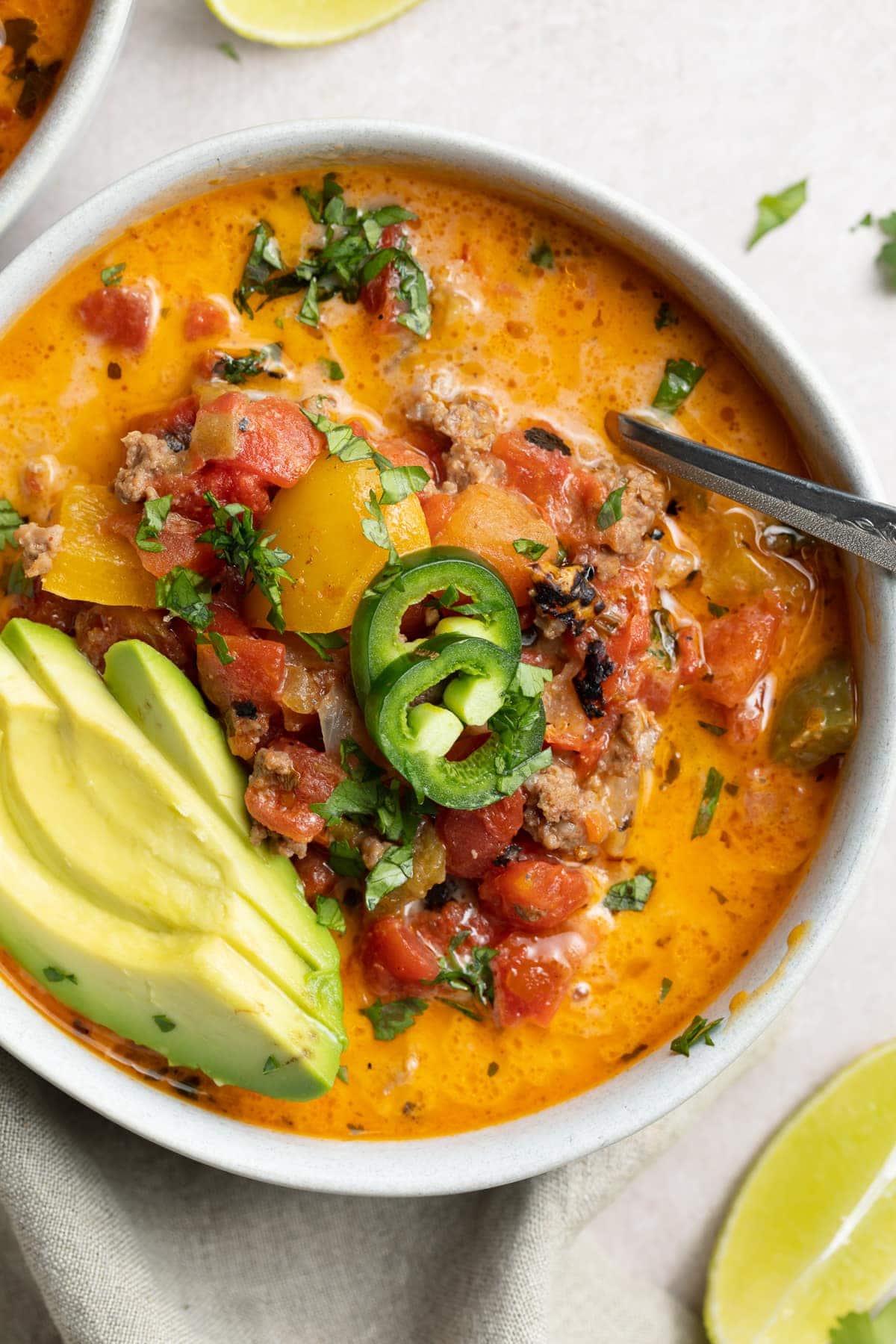 close up overhead image of whole30 creamy taco soup in a bowl.