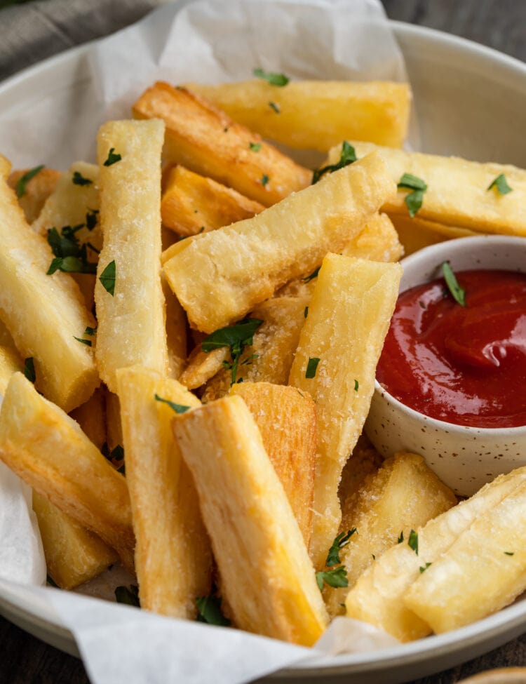 close-up image of yucca fries on a plate