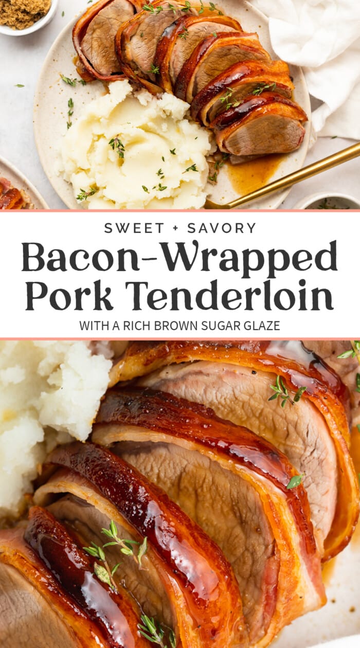 Pin graphic for bacon wrapped pork tenderloin