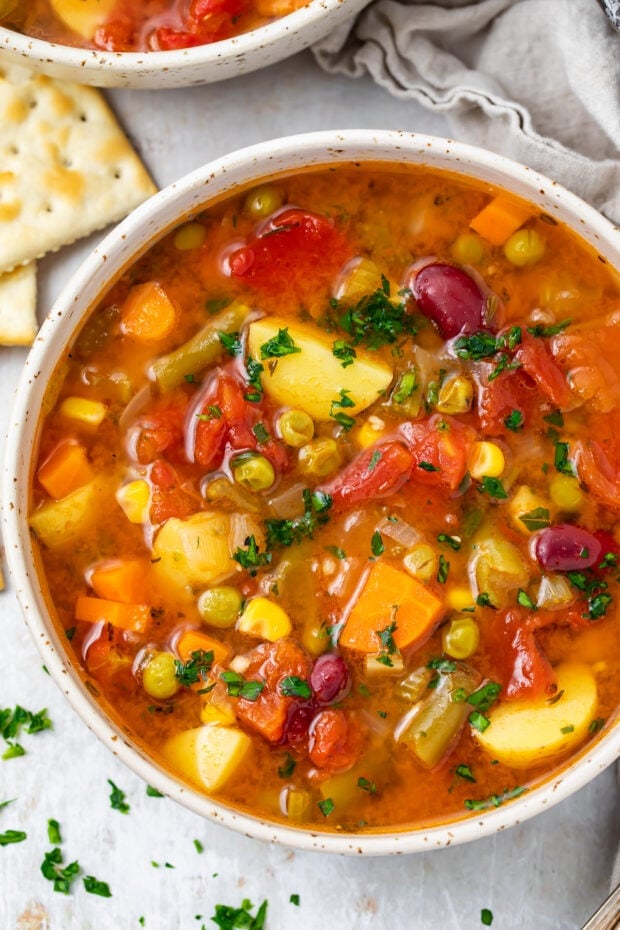 Overhead closeup shot of a bowl of Instant Pot vegetable soup