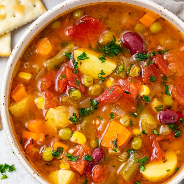 Overhead closeup shot of a bowl of Instant Pot vegetable soup