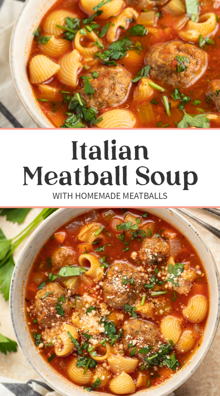 Pin graphic for meatball soup