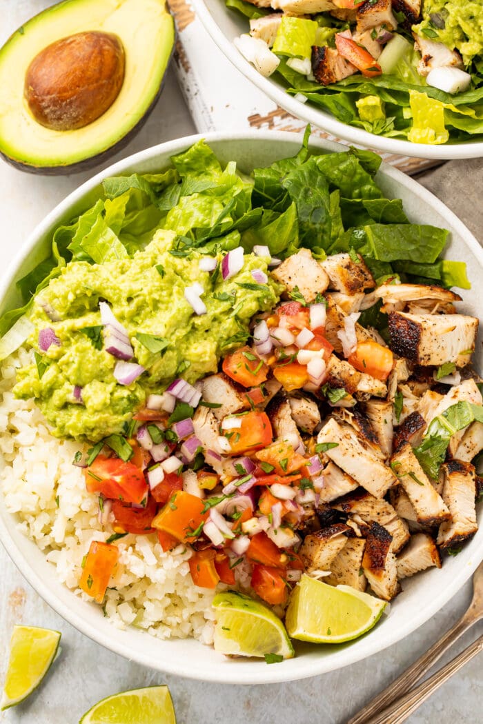 Overhead view of Whole30 chicken burrito bowls
