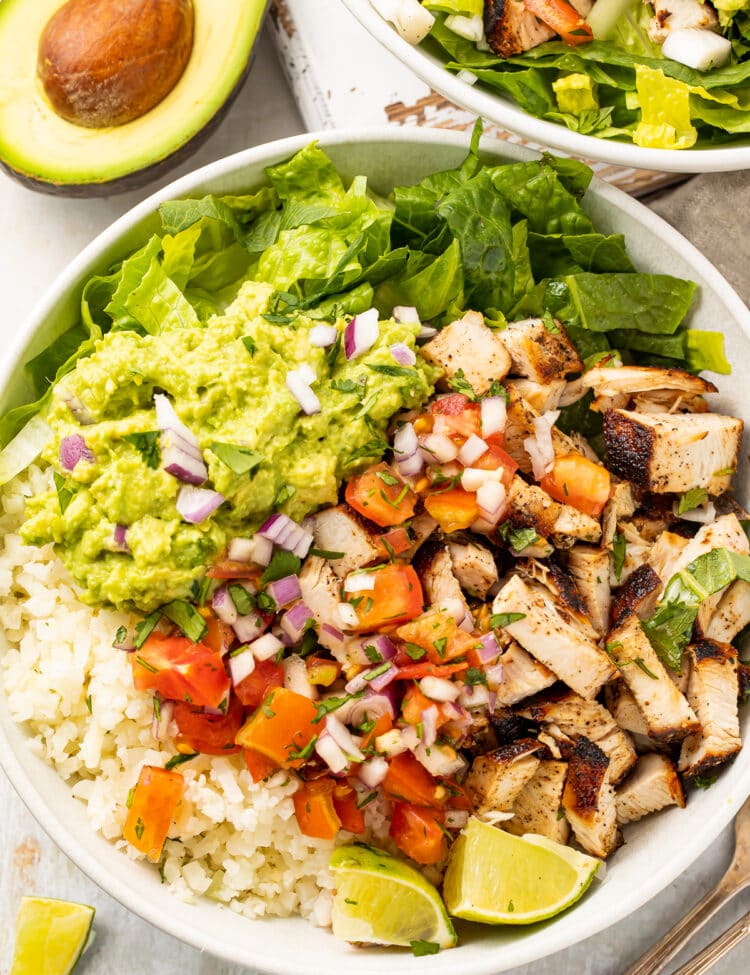 Overhead view of Whole30 chicken burrito bowls