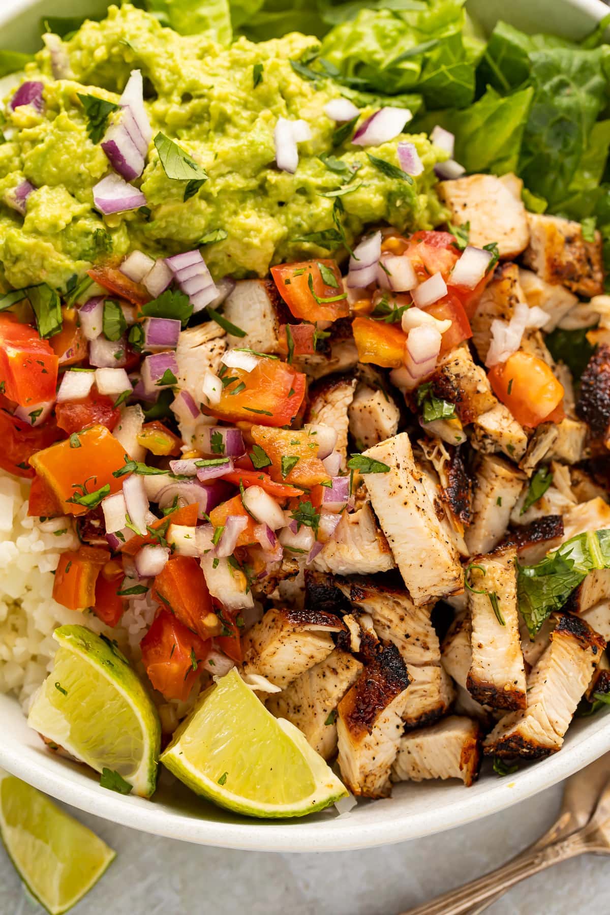 Overhead view of Whole30 chicken burrito bowls.