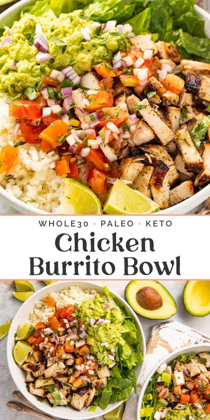 Pin graphic for Whole30 chicken burrito bowls