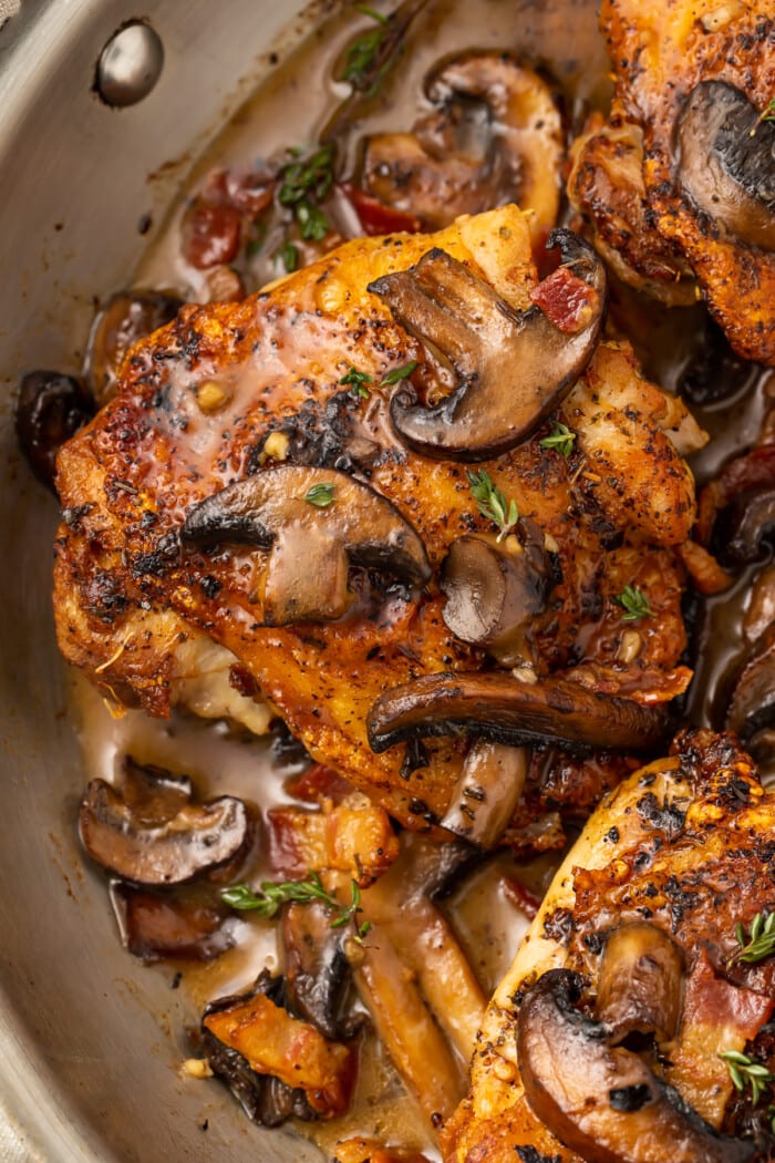 Close up of Whole30 mushroom bacon chicken in a skillet