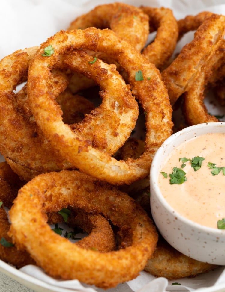 close-up image of air fryer frozen onion rings