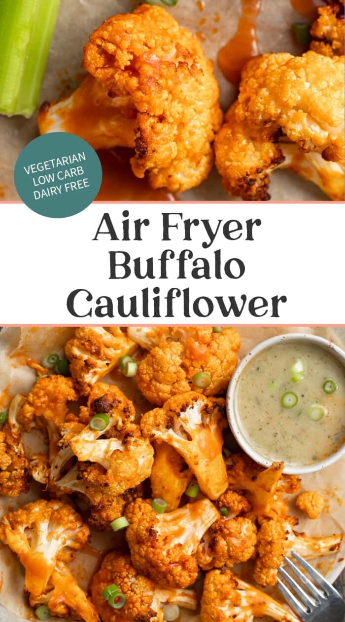 Pin graphic for air fryer buffalo cauliflower.