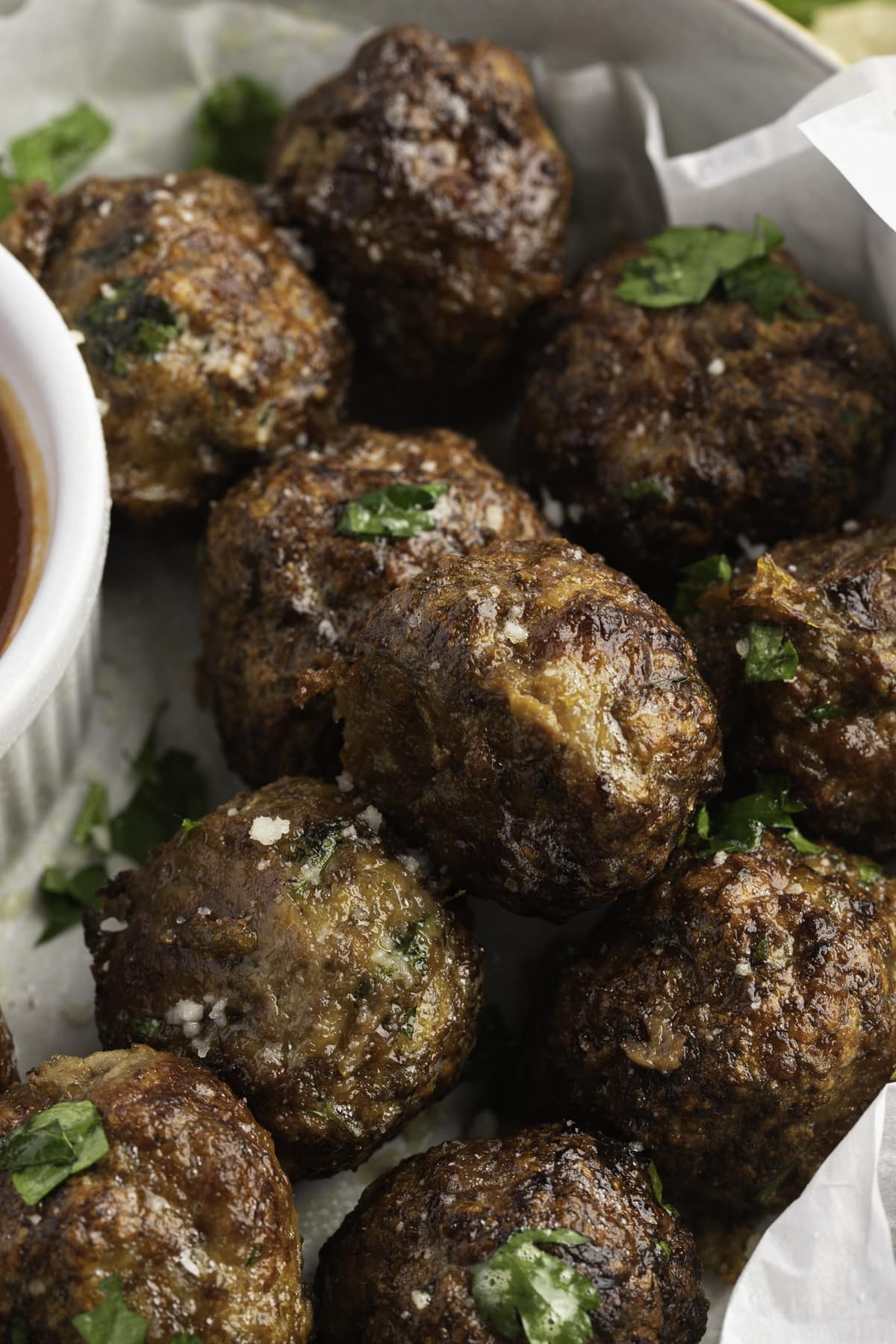 Close up of air fryer meatballs