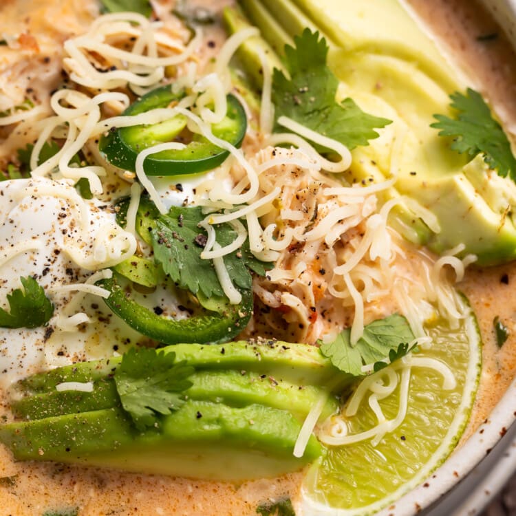Close up angled photo of keto chicken tortilla soup