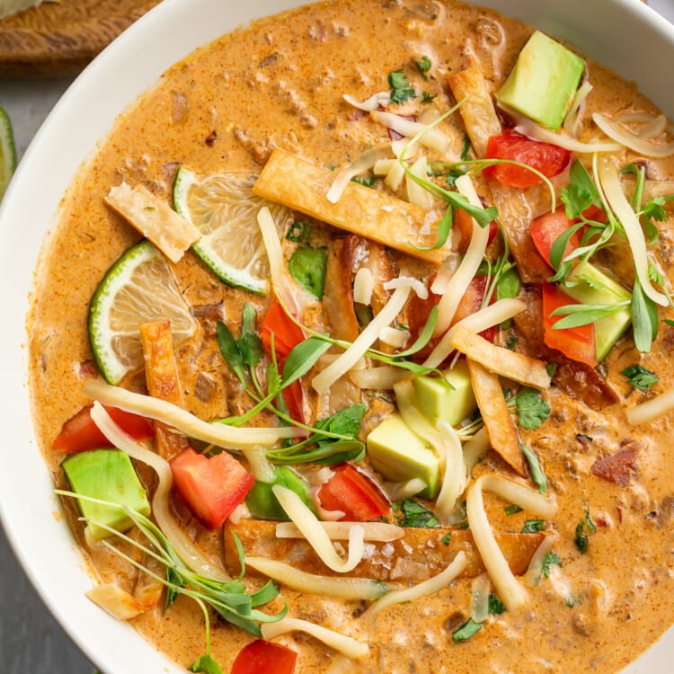 Overhead view of a bowl of keto taco soup