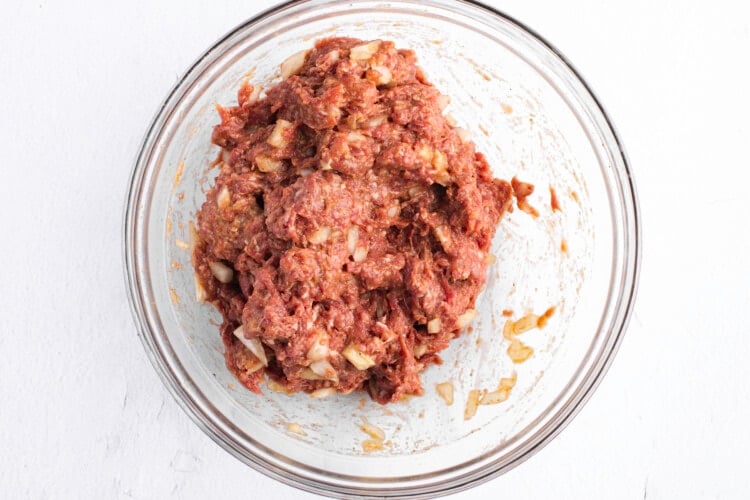 Ground beef and onion mixture in large bowl