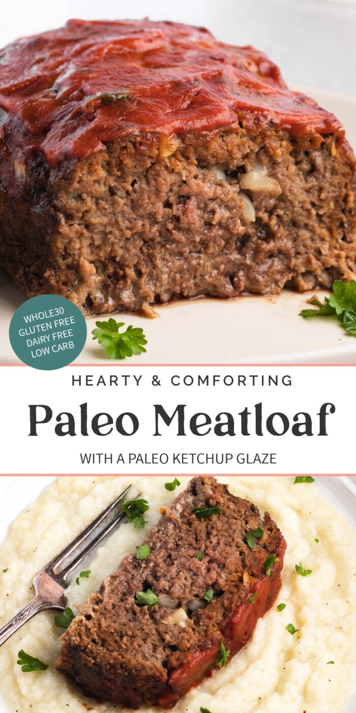 Pin graphic for paleo meatloaf.