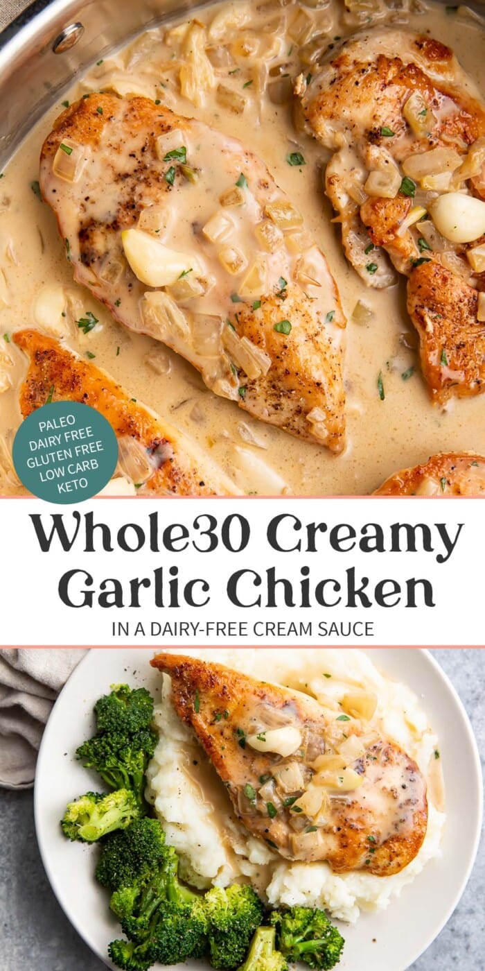 Pin graphic for Whole30 creamy garlic chicken.