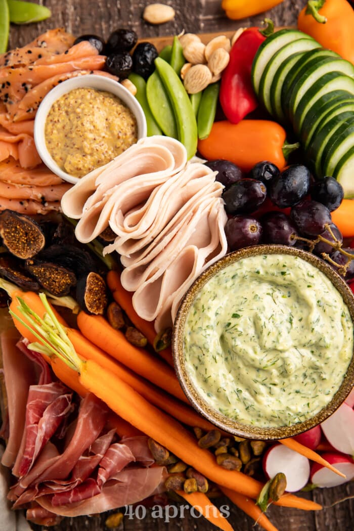 Close-up overhead photo of a Whole30 grazing board