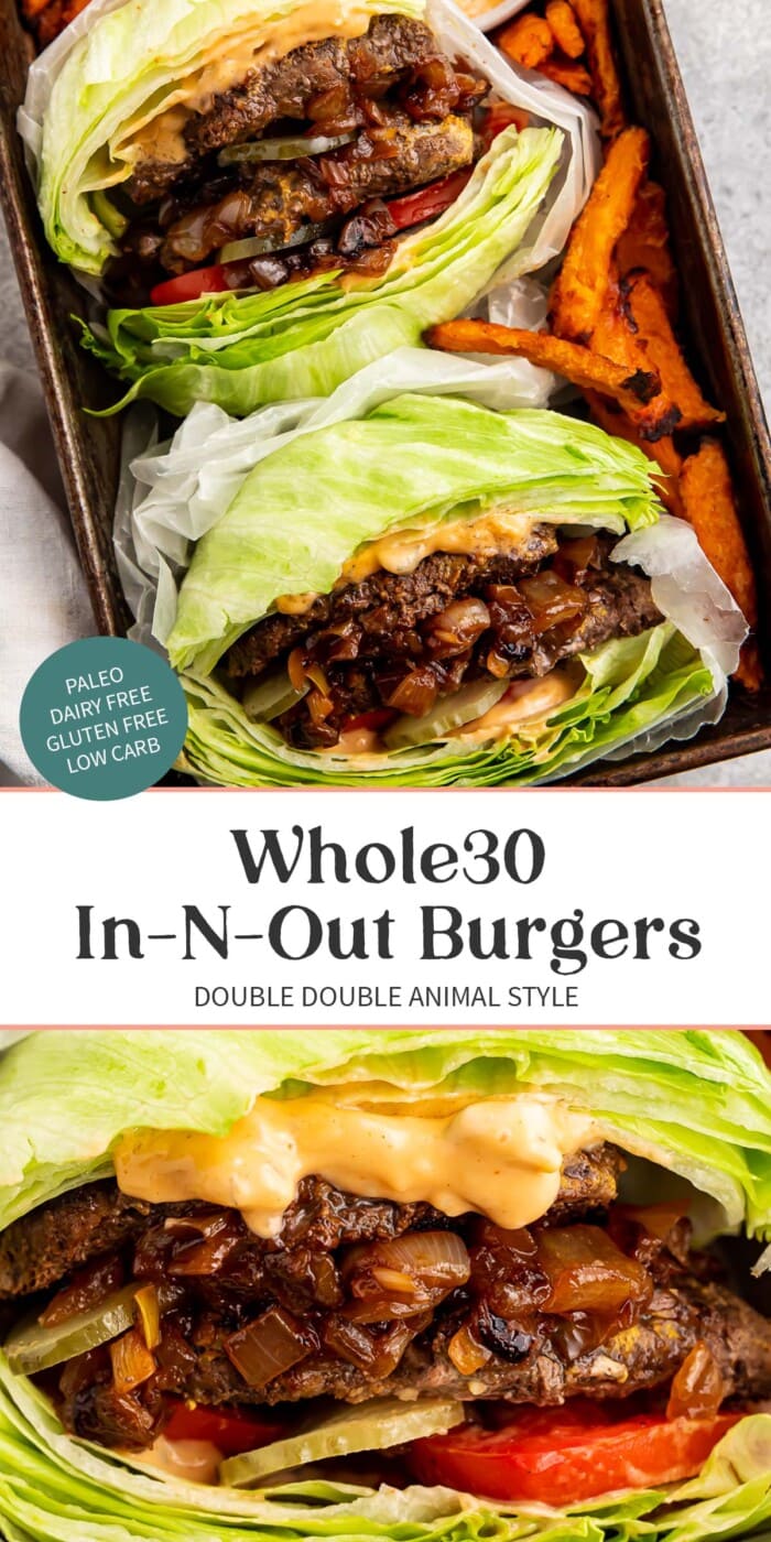 Pin graphic for Whole30 In-N-Out burgers