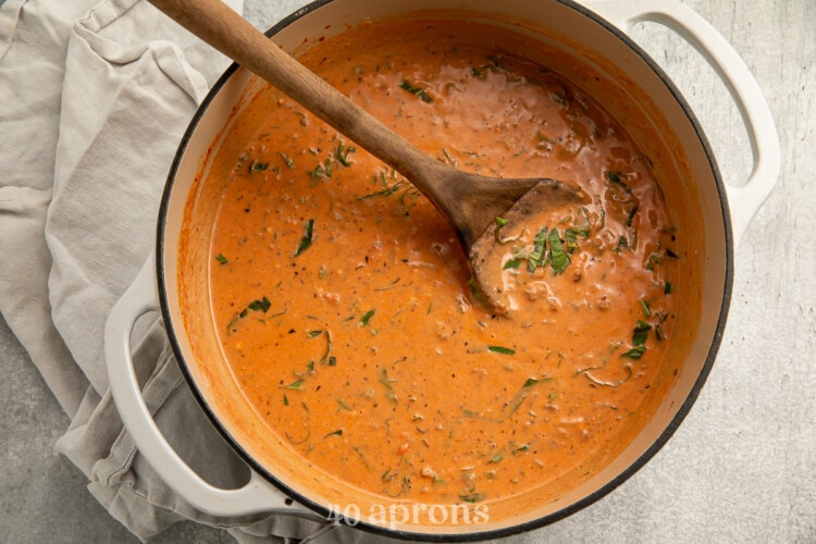 Cashew cream and lasagna soup in large pot