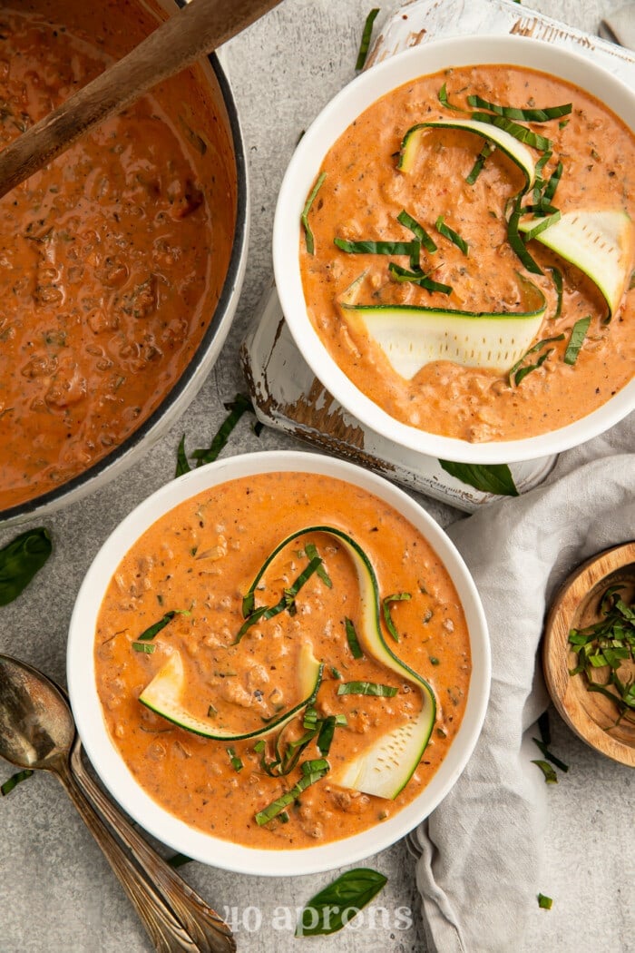 Overhead view of 2 bowls of Whole30 lasagna soup