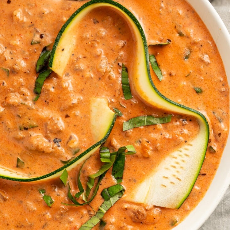 Overhead view of Whole30 lasagna soup in a bowl with a spoon