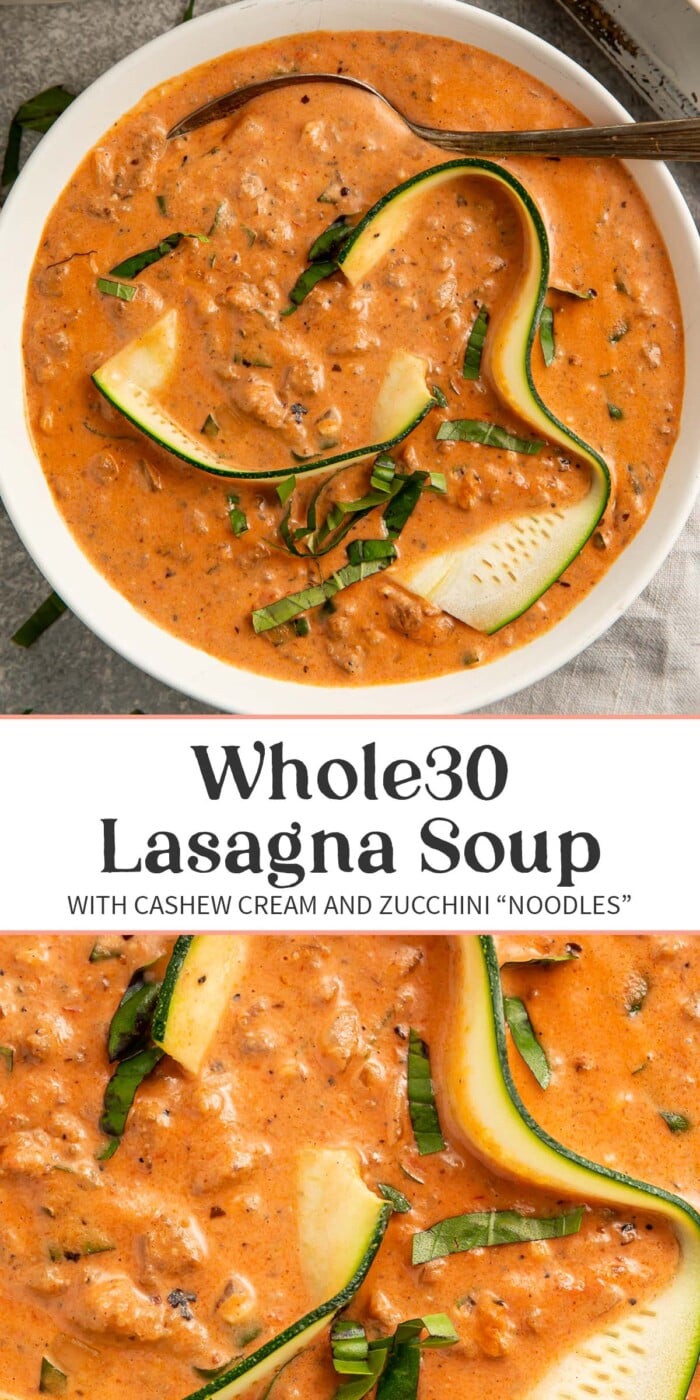 Pin graphic for Whole30 lasagna soup