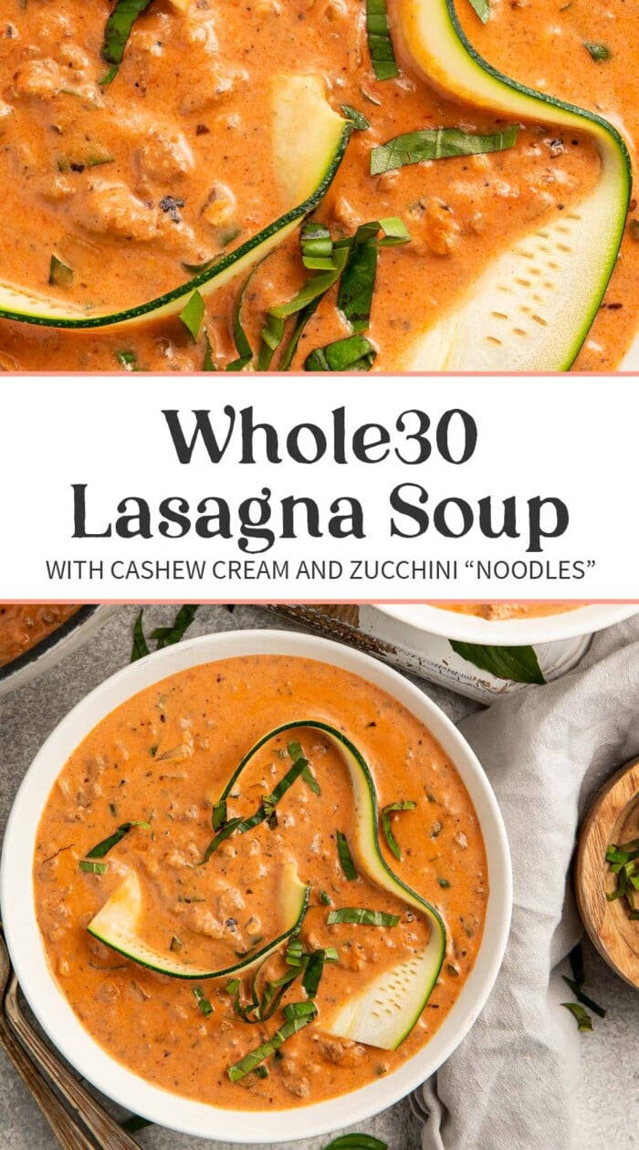 Pin graphic for Whole30 lasagna soup