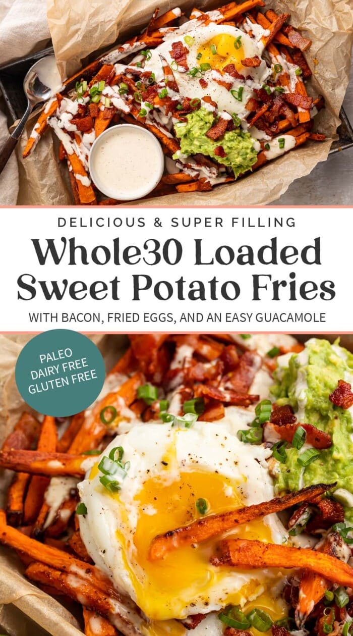 Pin graphic for whole30 loaded sweet potato fries