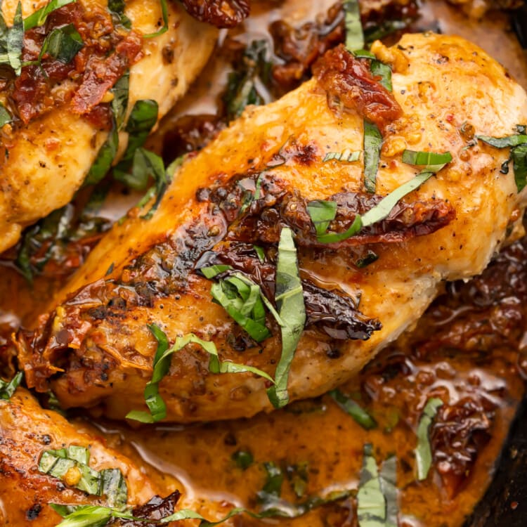 Whole30 marry me chicken in a cast iron skillet