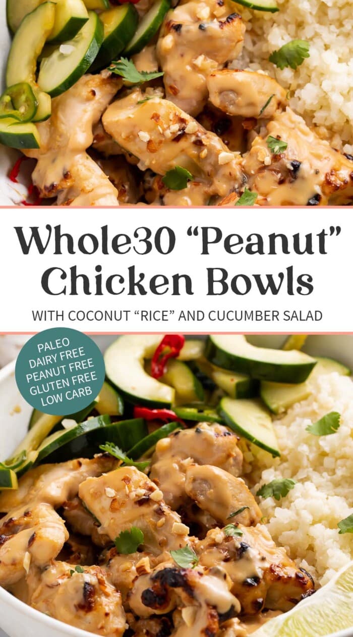 Pin graphic for Whole30 peanut chicken bowls