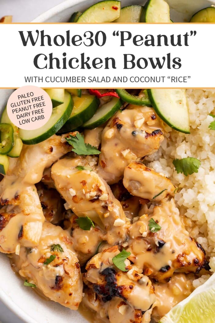 Pin graphic for Whole30 peanut chicken bowls