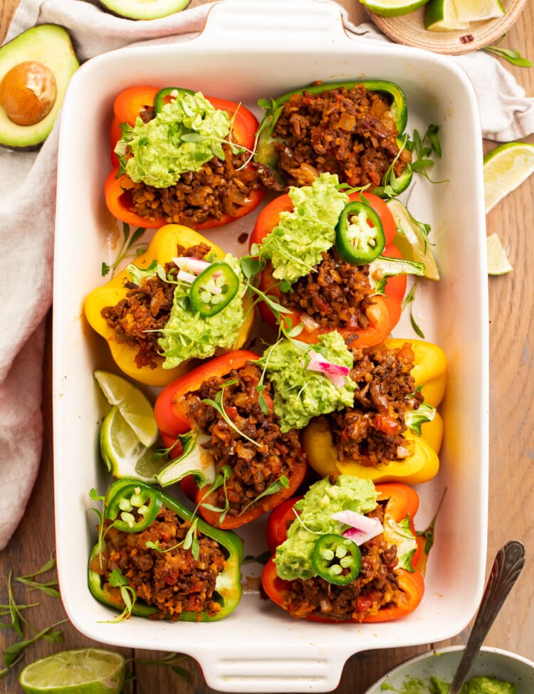 Overhead view of Whole30 taco stuffed peppers in a baking dish