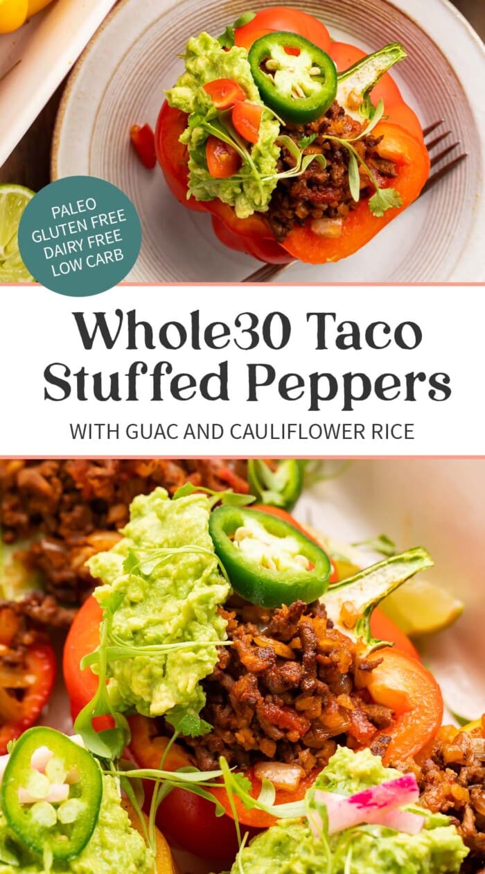 Pin graphic for Whole30 taco stuffed peppers