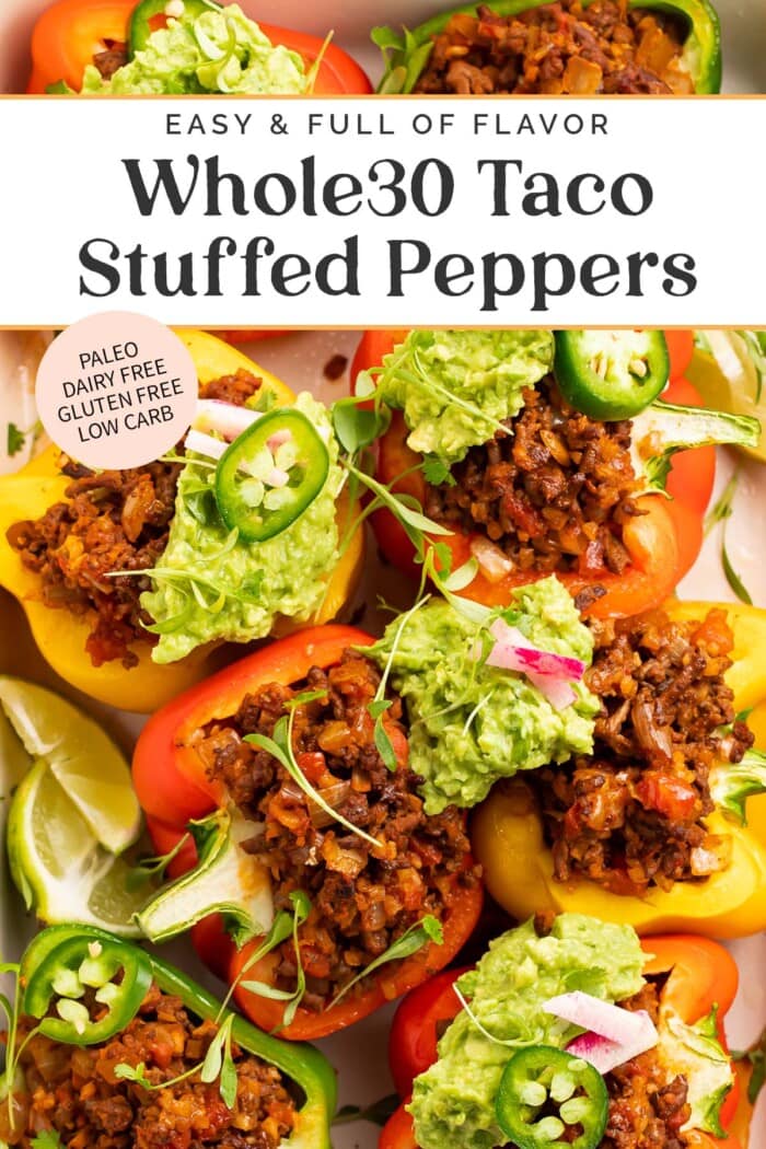 Pin graphic for Whole30 taco stuffed peppers