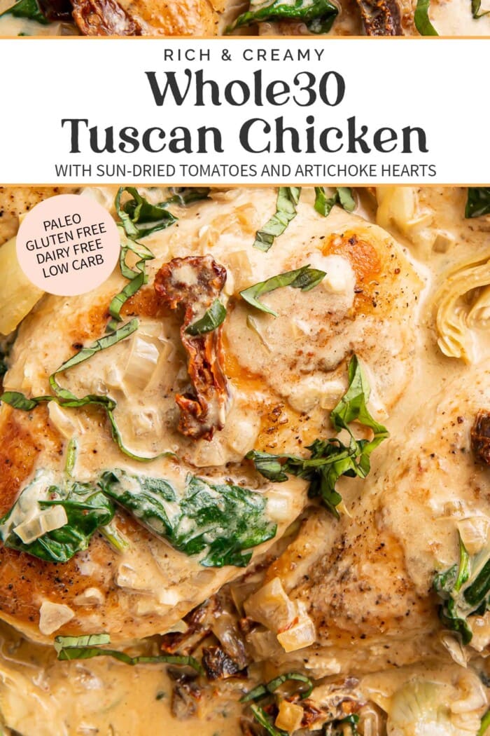 Pin graphic for Whole30 tuscan chicken