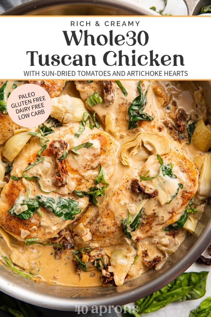 Pin graphic for Whole30 tuscan chicken
