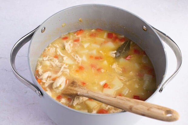 Chicken, chicken broth, and mirepoix in large heavy-bottomed pot with wooden spoon on a white background.