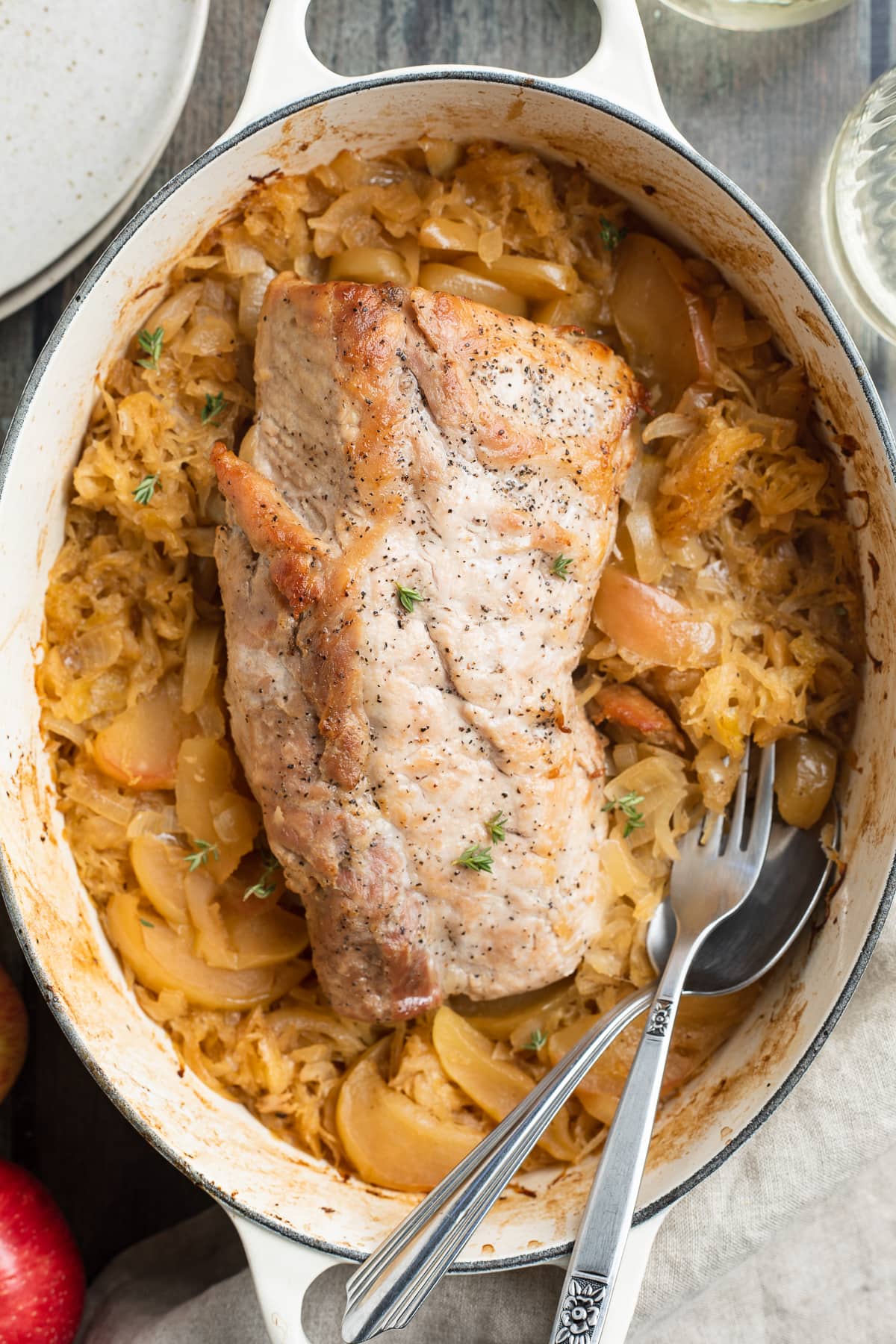 pork and sauerkraut in a dutch oven
