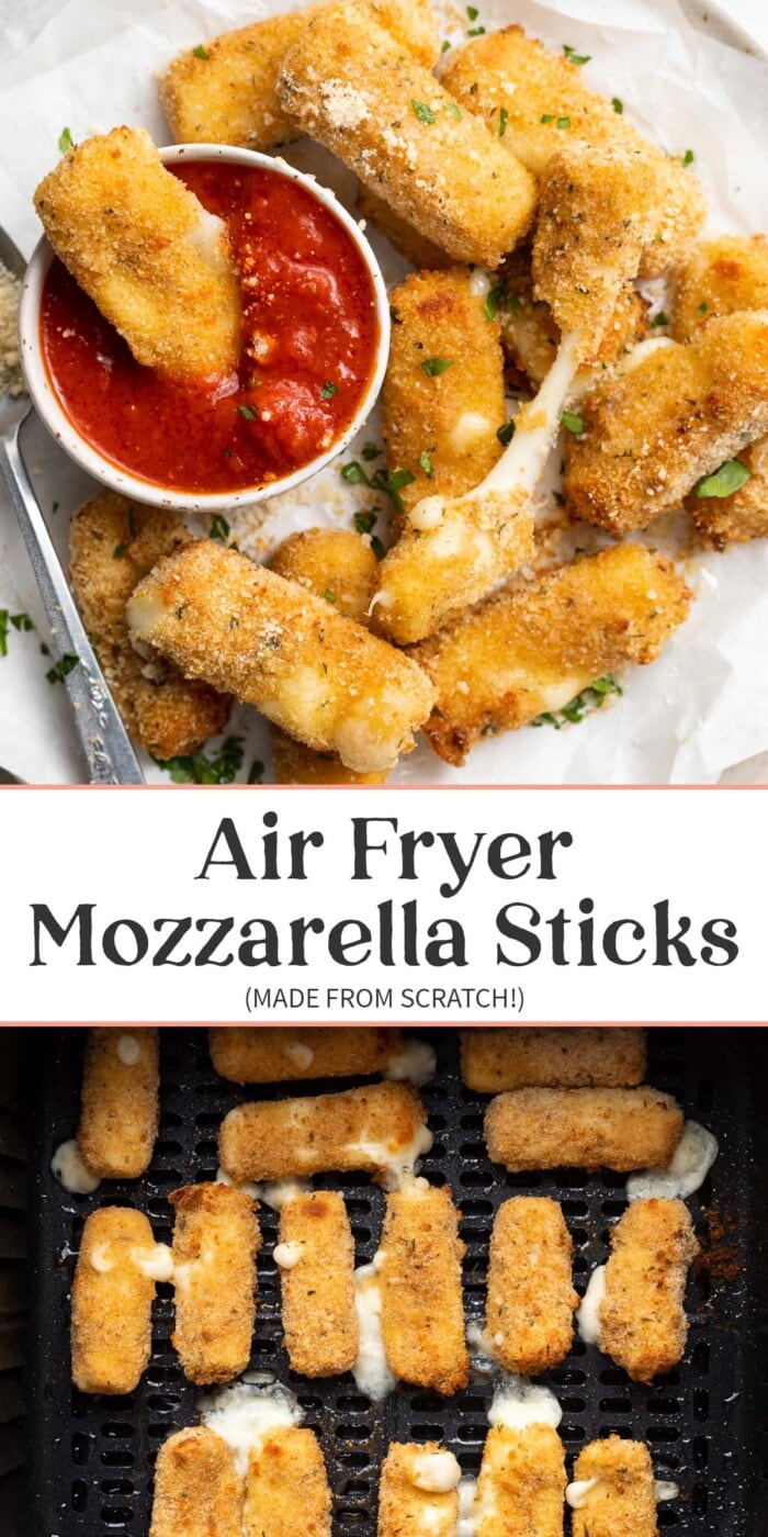 Pin graphic for air fryer mozzarella sticks.