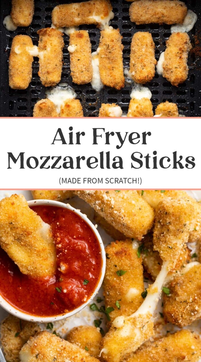 Pin graphic for air fryer mozzarella sticks.