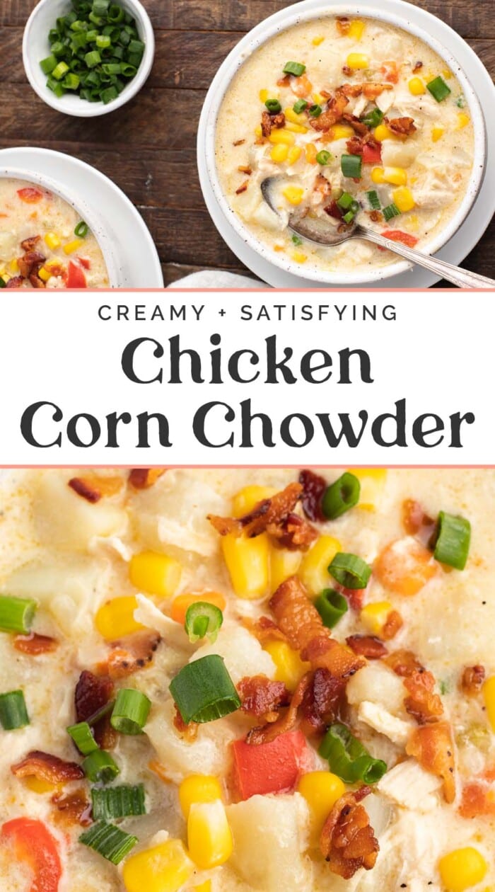 Pin graphic for chicken corn chowder.