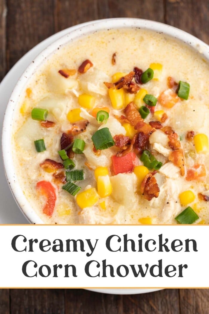 Pin graphic for chicken corn chowder.