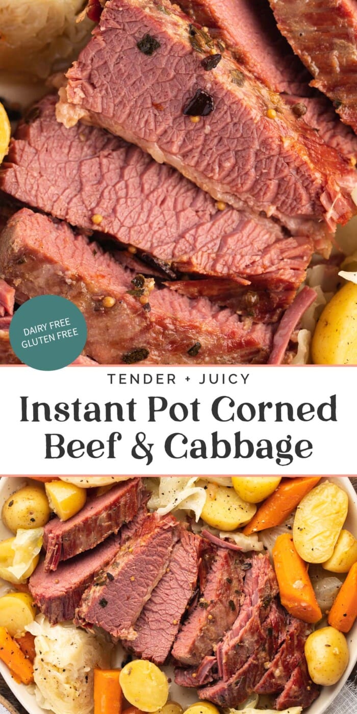 Pin graphic for Instant Pot corned beef and cabbage.