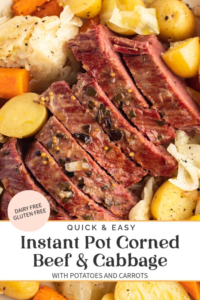 Pin graphic for Instant Pot corned beef and cabbage.