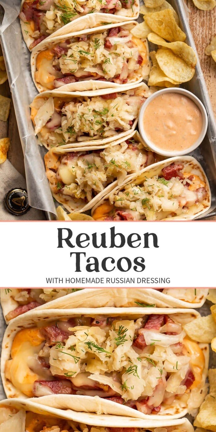 Pin graphic for reuben tacos.