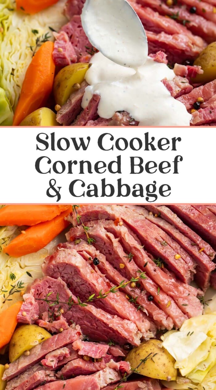 Pin graphic for slow cooker corned beef and cabbage.