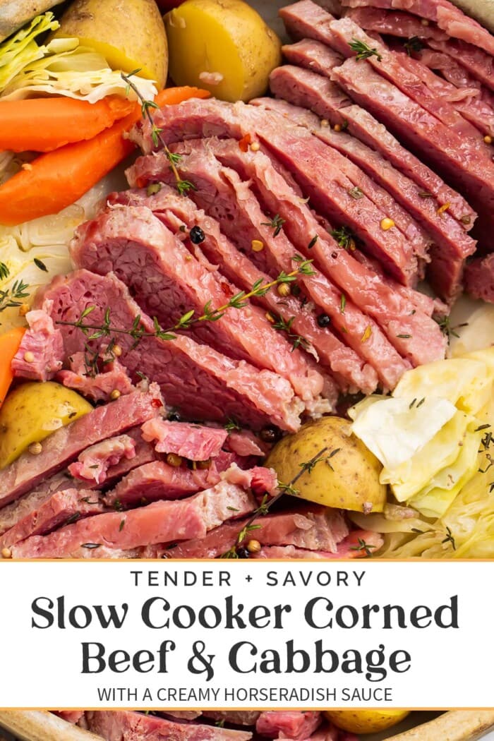 Pin graphic for slow cooker corned beef and cabbage.